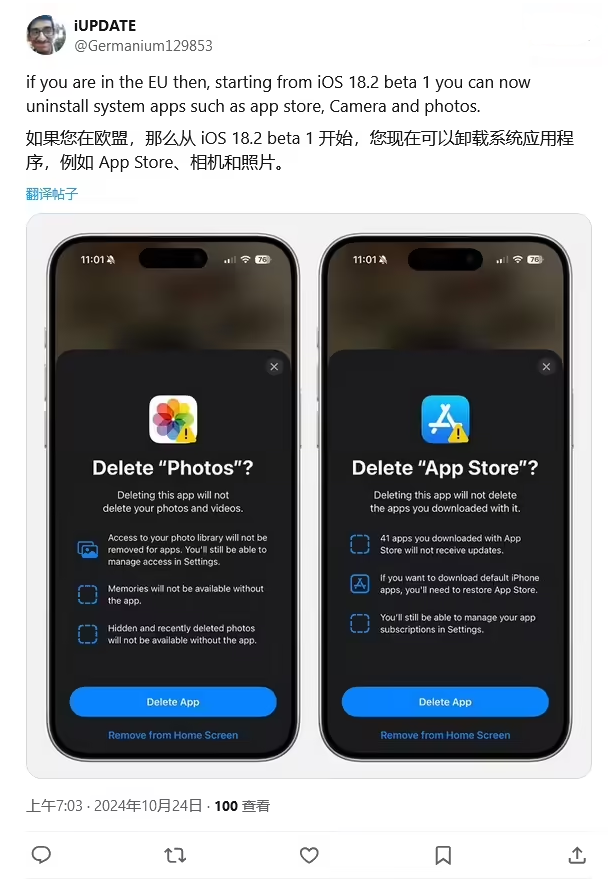 崇仁苹果手机维修分享iOS 18.2 支持删除 App Store 应用商店 