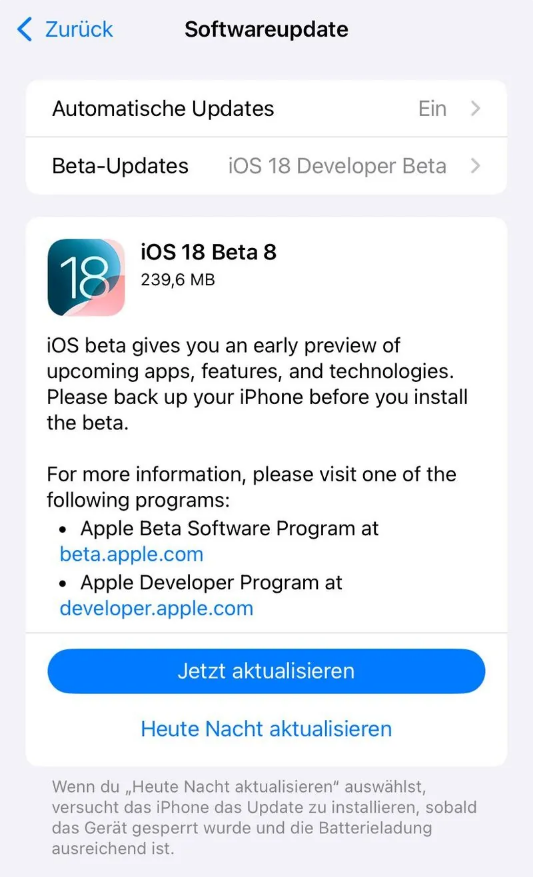 崇仁苹果手机维修分享苹果 iOS / iPadOS 18 开发者预览版 Beta 8 发布 